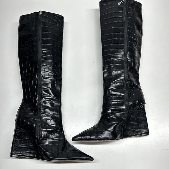 SCHUTZ  Asya Up Crocodile Embossed Leather Wedge High Heel Boot Boots Black 10 - Picture 8 of 10